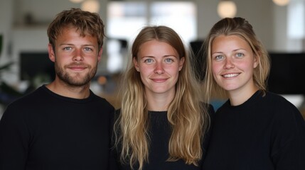 Obraz premium Candid Portrait of Three Young Friends Smiling Together in a Modern Office Space, Showcasing Connection and Professional Camaraderie