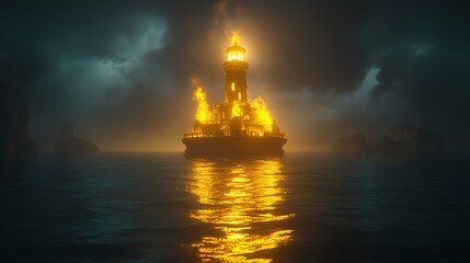 Obraz premium Burning Lighthouse on a Dark Stormy Sea at Night