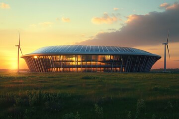 Renewable energy-powered sports stadium, a beacon of sustainable design, utilizing solar and wind energy to power events and facilities