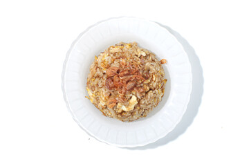 fried rice on a white plate isolated on white background