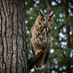 Fototapeta premium A long-eared owl camouflaged against the bark of a tall tree.
