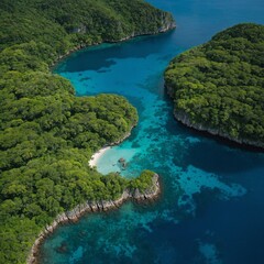 A picturesque island with water so blue, it looks almost unreal against the green foliage.