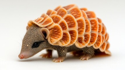 Fototapeta premium Adorable small animal with unique orange shell-like scales on its back, isolated on white background.