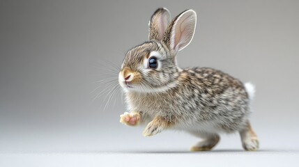 Fototapeta premium Adorable baby rabbit hopping on light gray background.