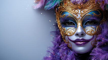 Carnival mask. A woman in a carnival mask. The Queen of Mardi Gras. Purple, gold, green. Space for the text. A banner for carnival lighting.