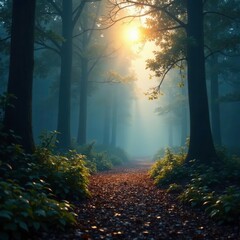 Glittering silver light illuminates a misty forest at dawn, light, shine, glitter