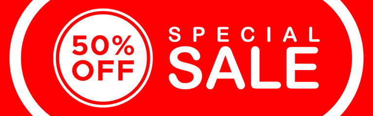 50 percent off special sale horizontal banner template in white and red color 