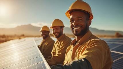 Team of Diverse Engineers Installing Solar Panels on Sunny Day in Renewable Energy Project, Showcasing Sustainability and Collaboration