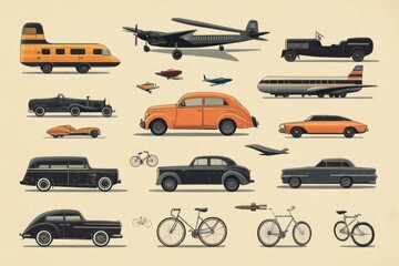Retro transport symbols with vintage-inspired designs, featuring classic cars, bicycles, and airplanes with a nostalgic feel, rendered in warm, muted tones