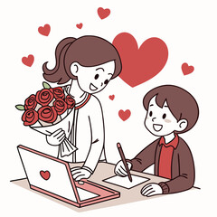 Valentine day girl and boy working