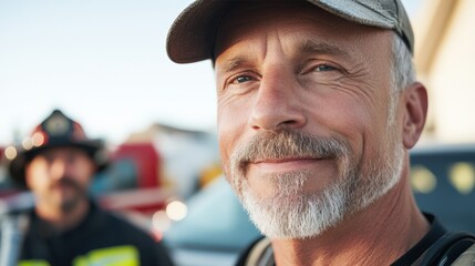 Portrait of a Mature Smiling Firefighter in Uniform, Radiating Confidence and Resilience Against a Colorful Emergency Scene Background