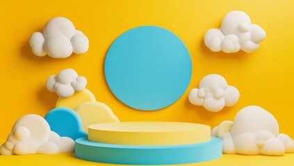 Yellow background with pastel blue and yellow podium, clouds and circle.