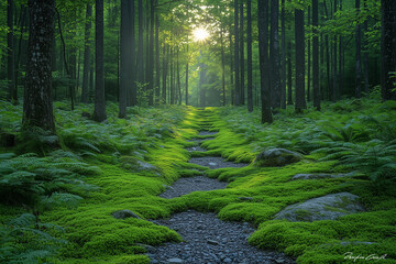 Fototapeta premium A calming nature walk through a quiet forest, where the sunlight gently filters through the tree canopy, illuminating moss-covered rocks and lush ferns along the path. The scene evokes a peaceful, med