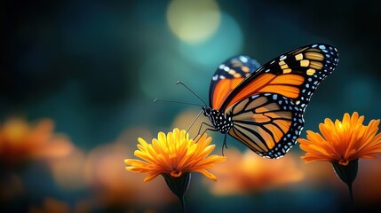 Fototapeta premium Monarch butterfly on vibrant orange flowers in a soft-focus garden setting.