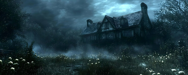 Fototapeta premium Dark House, Misty Night, Game Background