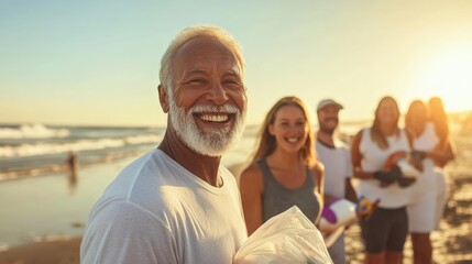 Obraz premium Joyful Senior Man Smiling at the Beach with Friends During Sunset, Reflecting Happiness, Bonds, and Memorable Moments in a Coastal Setting