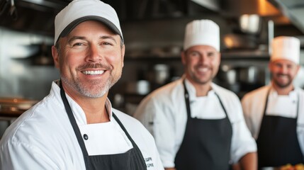 Portrait of Professional Male Chef in Commercial Kitchen with Team Preparing Gourmet Cuisine - Culinary Artistry and Collaboration in a Modern Restaurant Setting
