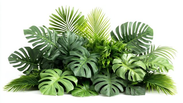 Lush green tropical foliage arrangement isolated on white background.