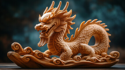 Intricate wooden dragon sculpture with a dynamic pose, showcasing fine craftsmanship and rich detail against a blurred background