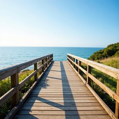 Obraz premium Elevated wooden walkway, panoramic North Sea view, seaside, summer, dunes