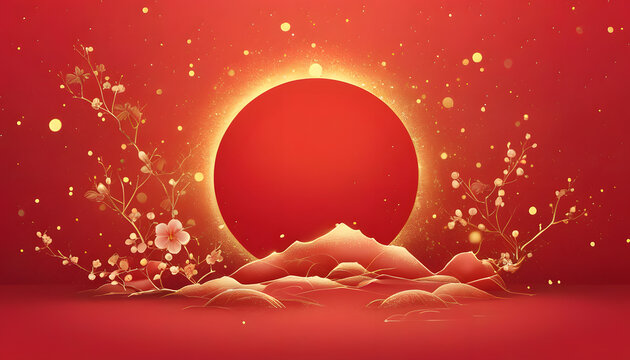 Red Background with Golden Flowers and Moon