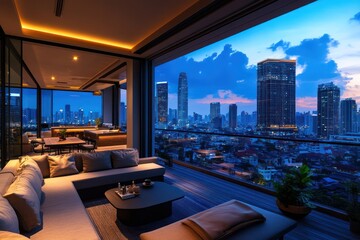 Rooftop lounge with a stunning city view, furnished with modern seating and decor.