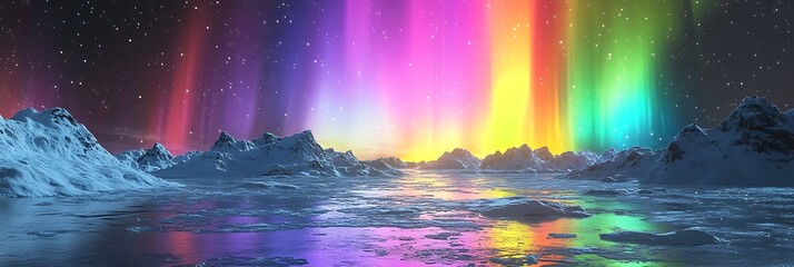 A celestial display of multicolored auroras glowing above ice-covered reflective water bodies