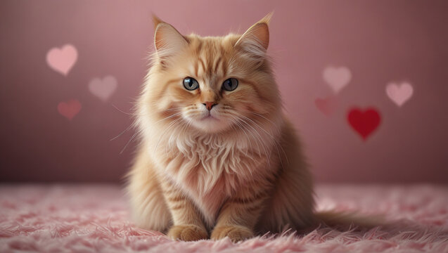 illustration of a cute fluffy pink cat with a heart.