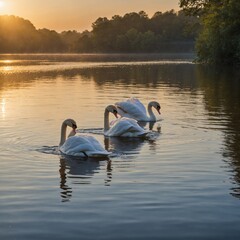 Two swans gliding gracefully across a shimmering lake at sunrise.