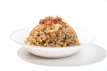 fried rice on a white plate isolated on white background