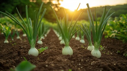 Obraz premium Young onions growing in a fertile field at sunset.