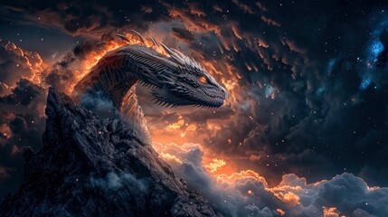 Majestic dragon emerging from stormy clouds at twilight, symbolizing power and mystery in the cosmos