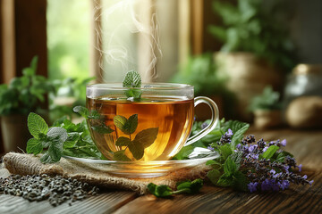 A peaceful herbal tea scene showcasing a delicate glass teacup filled with steaming tea, surrounded by fresh herbs like mint, chamomile, and lavender. The rustic table and natural light from a window 