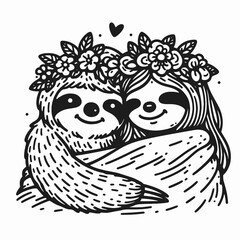 Fototapeta premium A cute illustration of a sloth and a girl, both adorned with flower crowns, sharing a loving embrace with hearts above them.