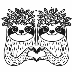 Obraz premium Two cute sloths with floral crowns form a heart shape, embodying love and friendship in a playful, illustrated style.