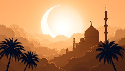 Obraz premium Majestic Mosque Sunset Silhouette Above Cloudscape