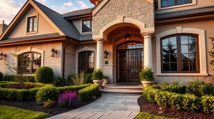 Luxury House Exterior: Captivating Architecture and Landscaping at Golden Hour