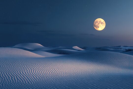 Serene desert landscape with rippled sand dunes under the light of a full moon, creating a peaceful and timeless scene