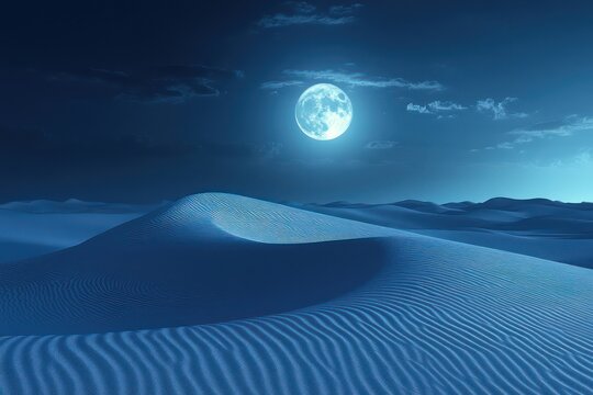 Serene desert landscape with rippled sand dunes under the light of a full moon, creating a peaceful and timeless scene