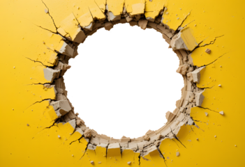 Hole breaking yellow wall on transparent background PNG