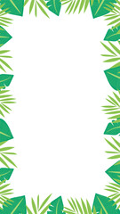 Vertical background of tropical plants with palm leaves and banana leaves around the sides. Place for text. Vector illustration