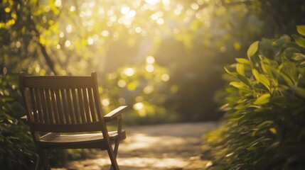 A solitary chair basks in soft sunlight, surrounded by lush greenery, evoking tranquility and quiet reflection.