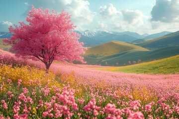 Obraz premium A picturesque spring destination with vibrant flowers, lush countryside, and charming village streets. The scene captures the peaceful yet lively atmosphere of a spring getaway, perfect for travelers 