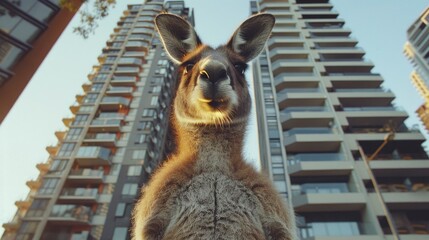 Kangaroo standing in an urban setting, surrounded by modern high-rise buildings at sunset