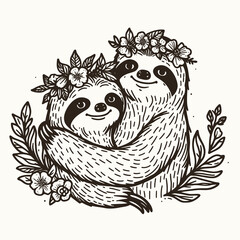Fototapeta premium Two sloths embrace, adorned with floral crowns, surrounded by leaves, conveying a sense of love and tranquility.