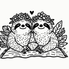 Fototapeta premium Two adorable sloths sit side by side, adorned with flower crowns, surrounded by leaves, exuding love and tranquility in a whimsical illustration.