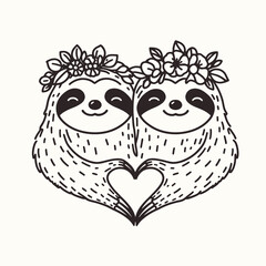 Fototapeta premium Two adorable sloths with floral crowns form a heart shape together, symbolizing love and friendship in a cute, whimsical design.