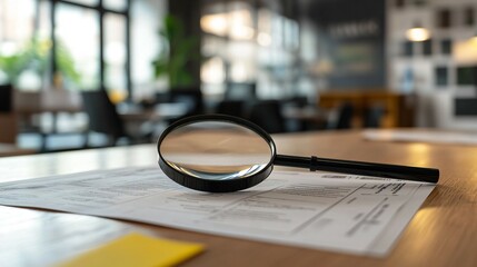 Fototapeta premium Close-up of a neatly organized stack of insurance documents with a magnifying glass on top, symbolizing the detailed process of insurance claims in a modern office setting.