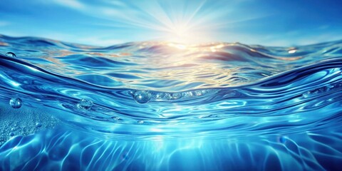 Naklejka premium Transparent blue water surface with ripples and waves, reflecting light and creating a sense of movement , shining, water