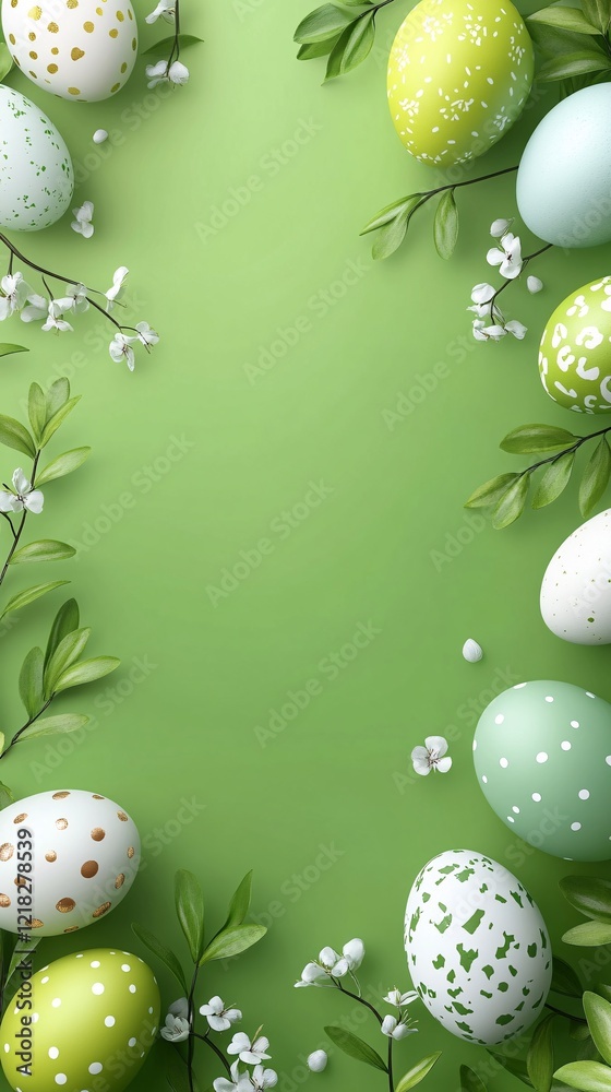 Poster easter eggs and spring flowers creating a frame on green background
